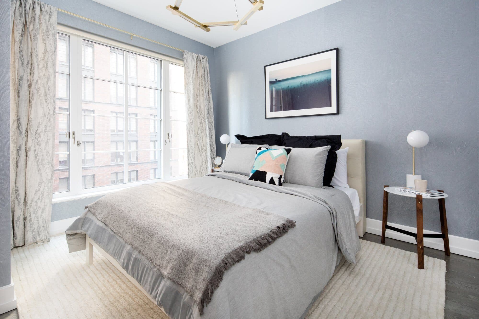 70 Charlton model bedroom with powder-blue walls