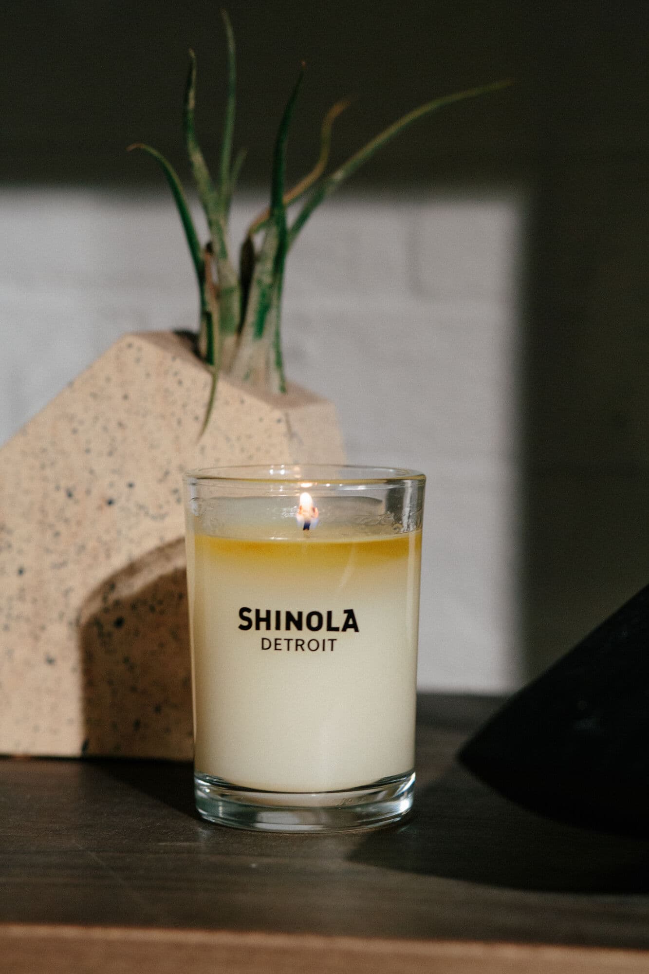 Shinola Detroit candle in front of a speckled stone vase holding air plants